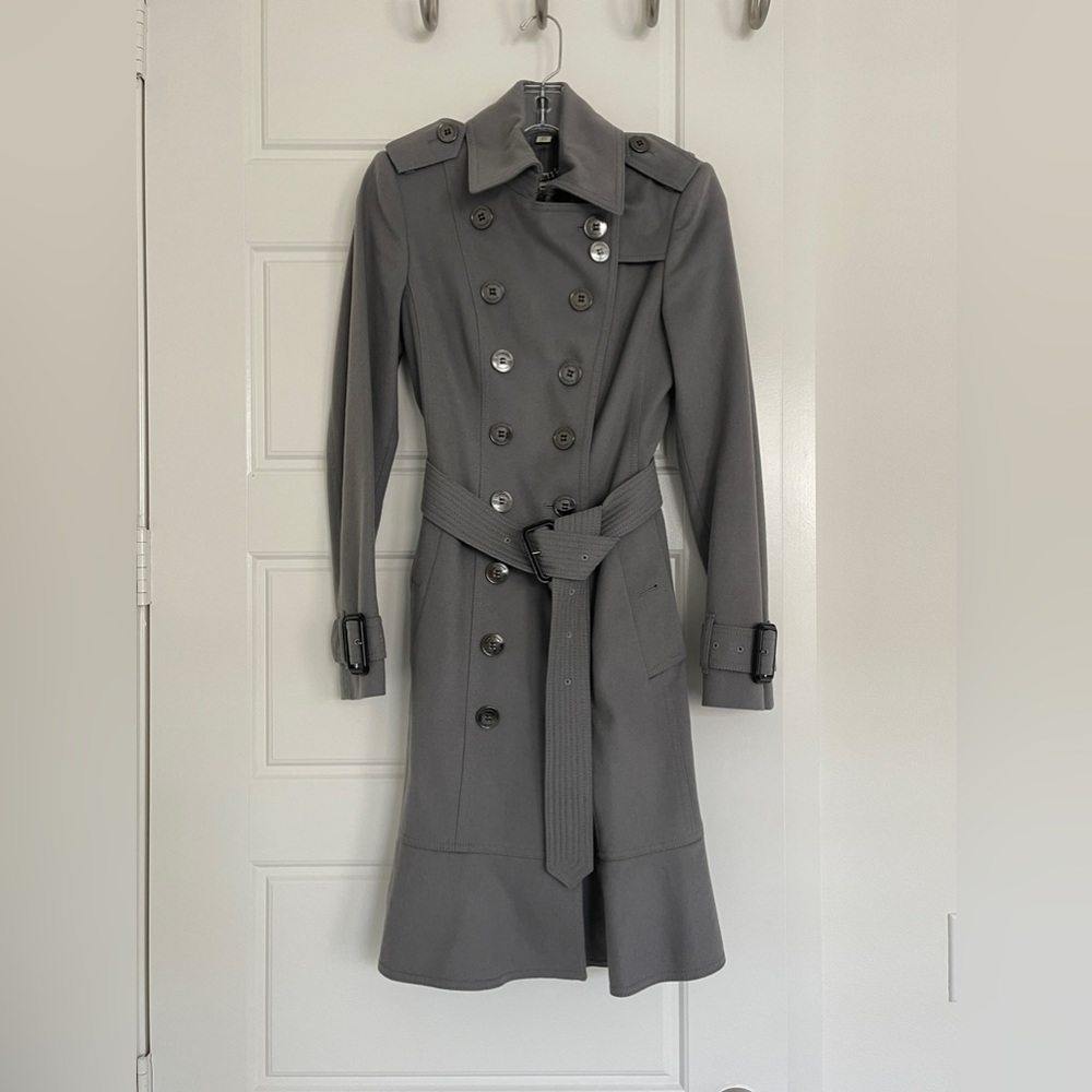 Burberry London Littleton Gray Grey Wool Ruffled Trench Coat US 2 UK 4 Middleton